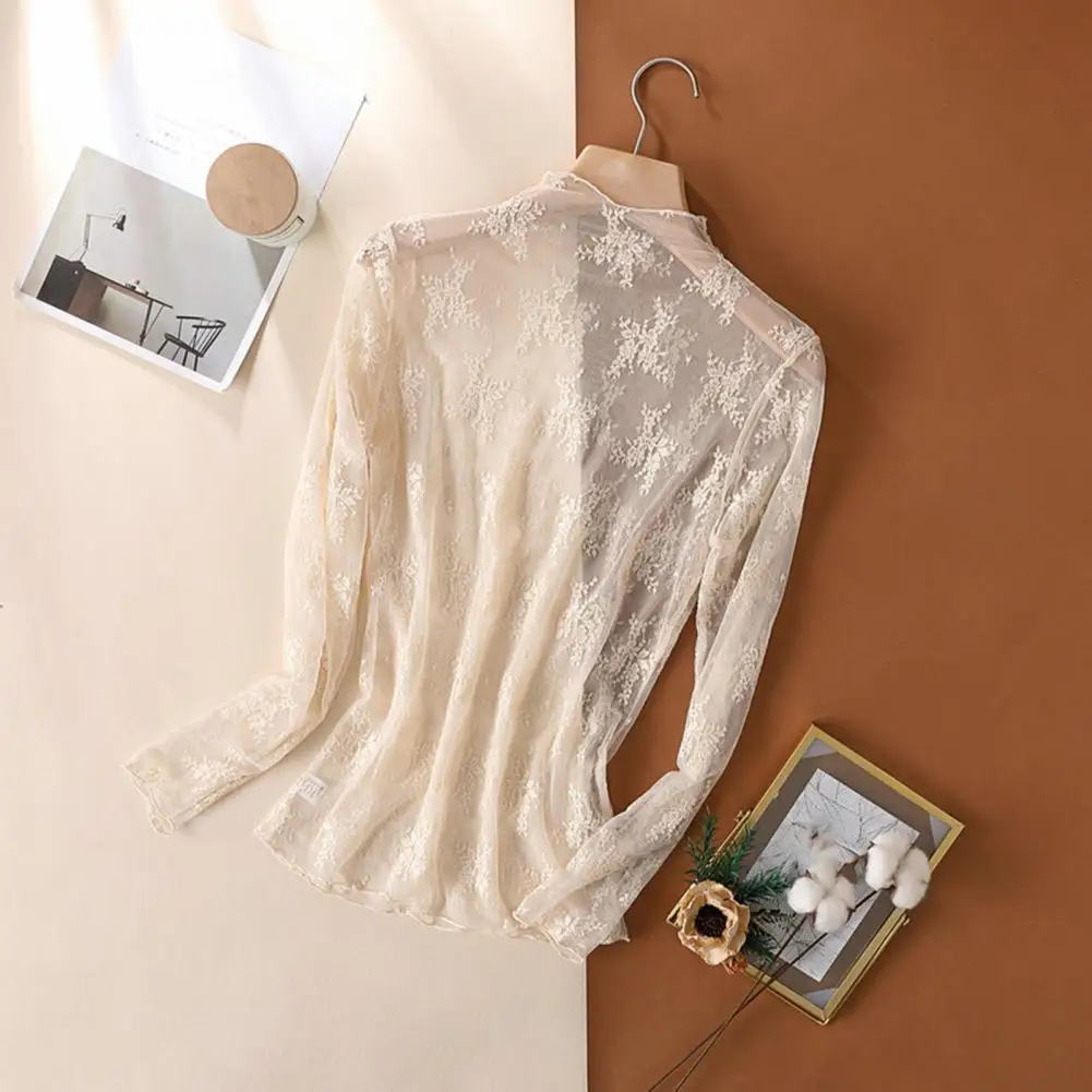 

Solid Color Women Top Elegant Lace Flower Pattern Women's Shirt Sexy See-through Embroidery Top Half High Collar Long Sleeve