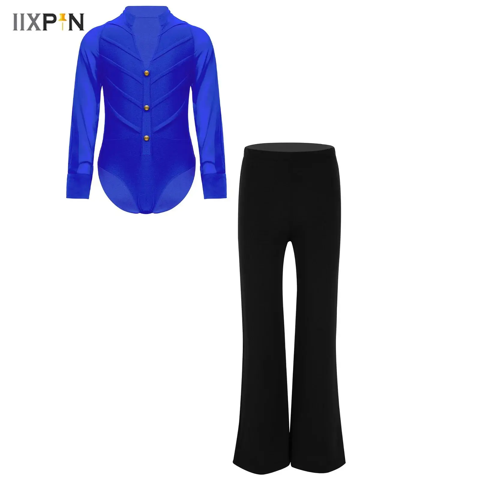 

Kids Boys Latin Dance Outfit Long Sleeve Stand Collar Leotard Bodysuit+Pants for Ballroom Party Stage Performance Competition