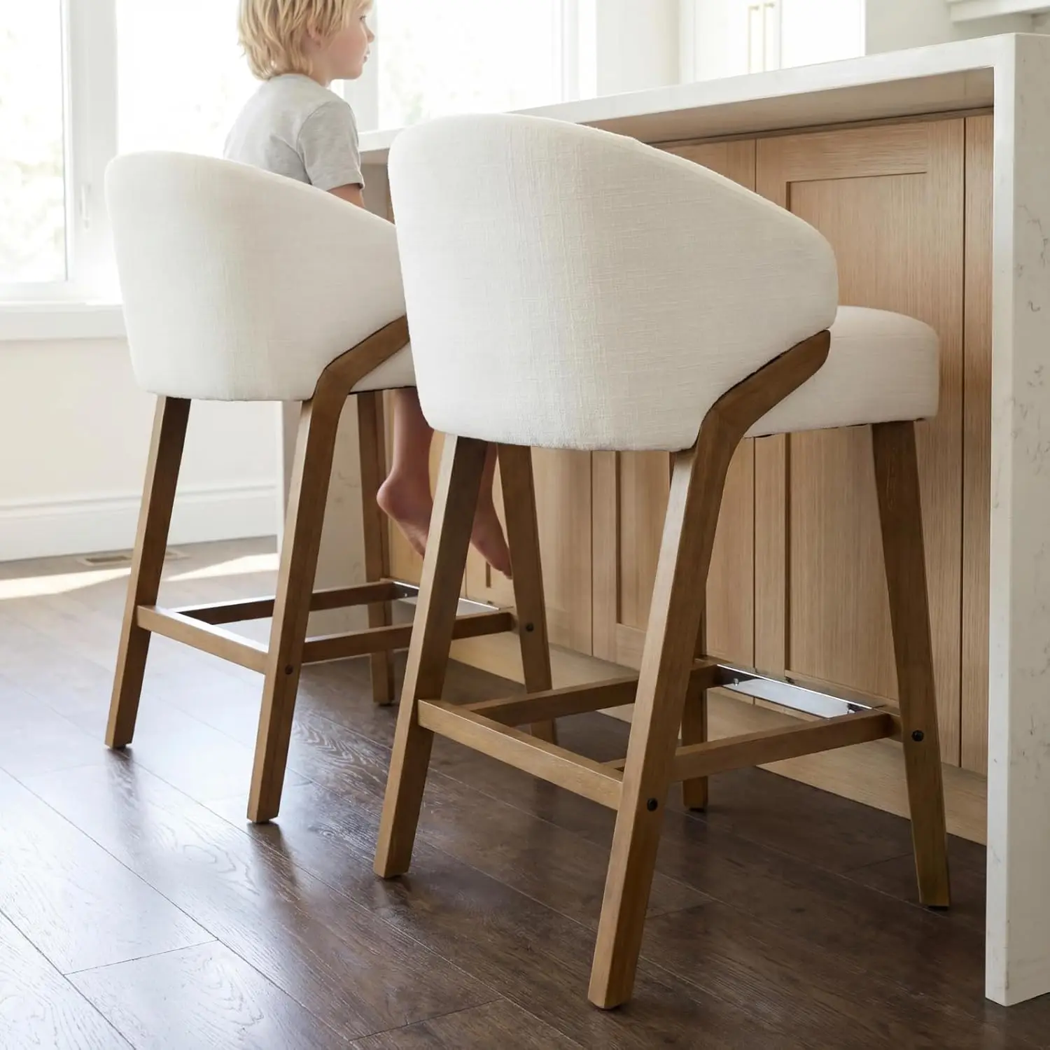 #Counter Height Bar Stool Set Rubberwood Armless Linen Upholstered Seat Footrest Kitchen Island Dining Room White