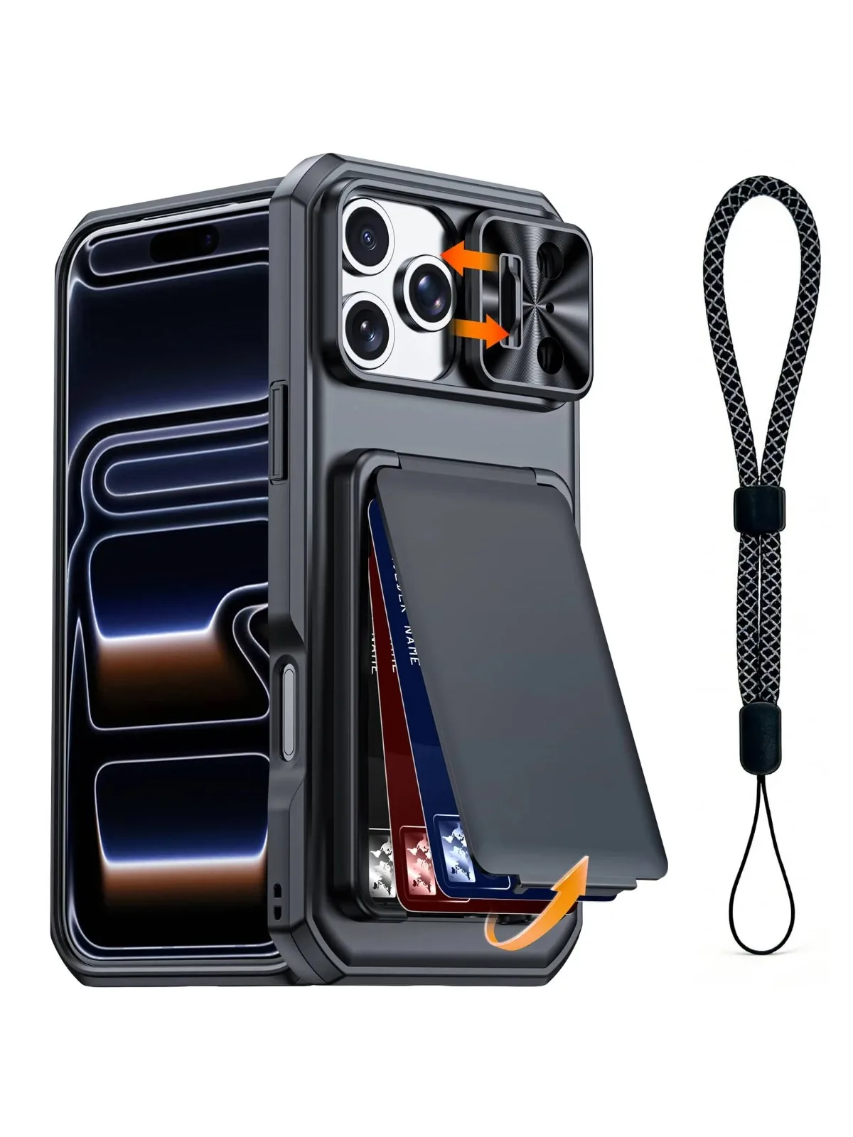 WEFOR dla iPhone 18 17 16 15 Pro Max Etui Portfel na 3-4 Karty z Podstawką, Przesuwaną Osłoną Kamery, Paskiem na Nadgarstek, Wytrzymałe i Odporne na Wstrząsy — zdjęcie produktu 7
