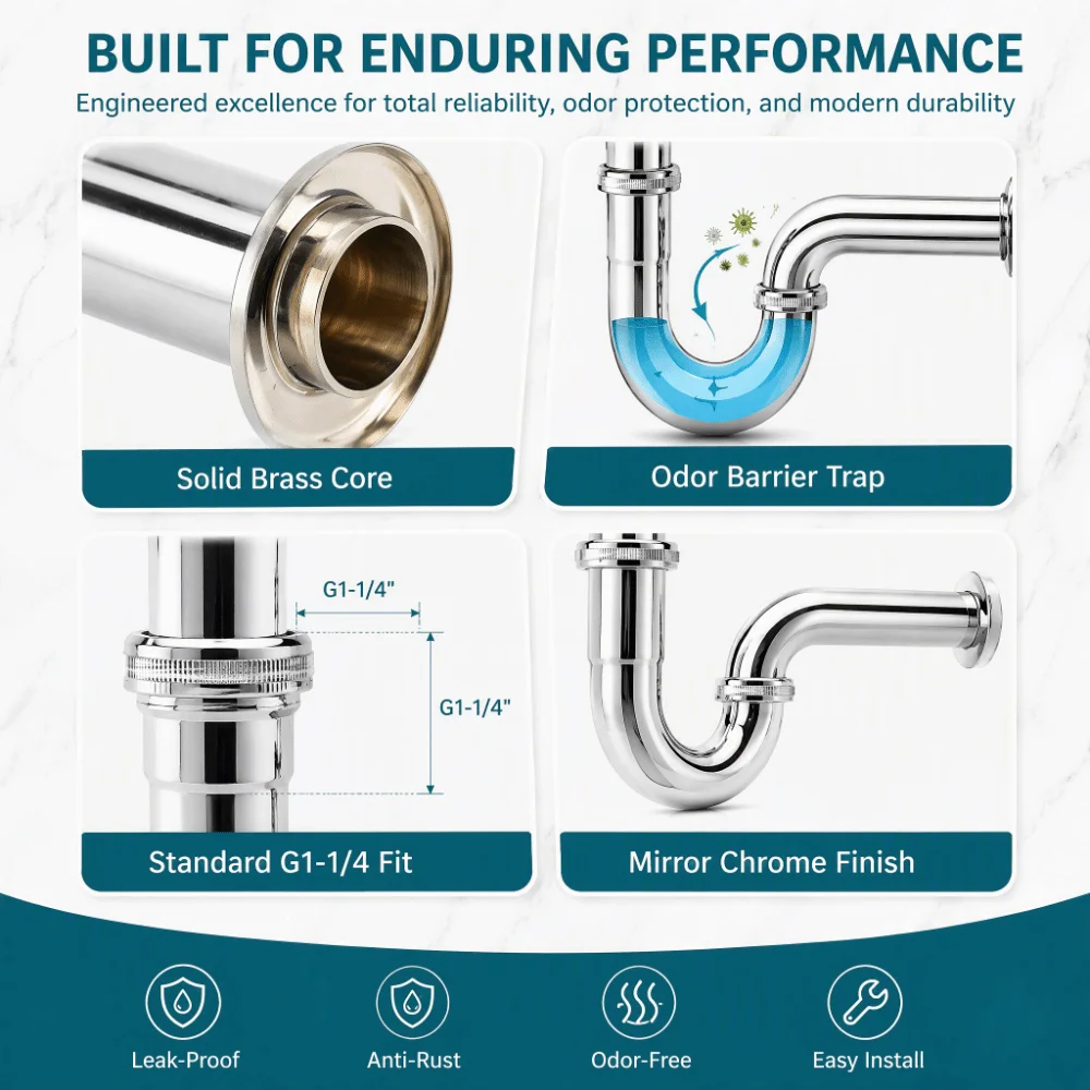 U-Shape Design P-Trap Kit Slip Joint Extension Adjustable Height Drain Tubing Set G1-1/4in Size Sink Waste Trap Plumbing Repair