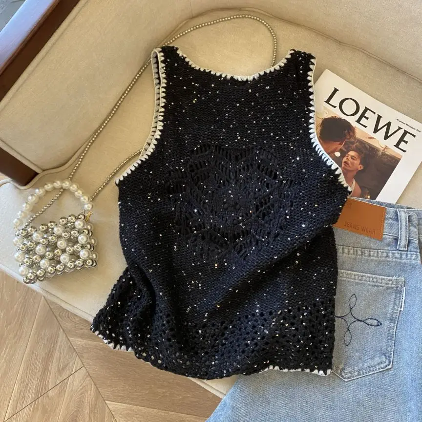 Hollow Out Sweet Fragrance Style Sleeveless Black Heavy Industry Sequin Top Women's Summer VestT