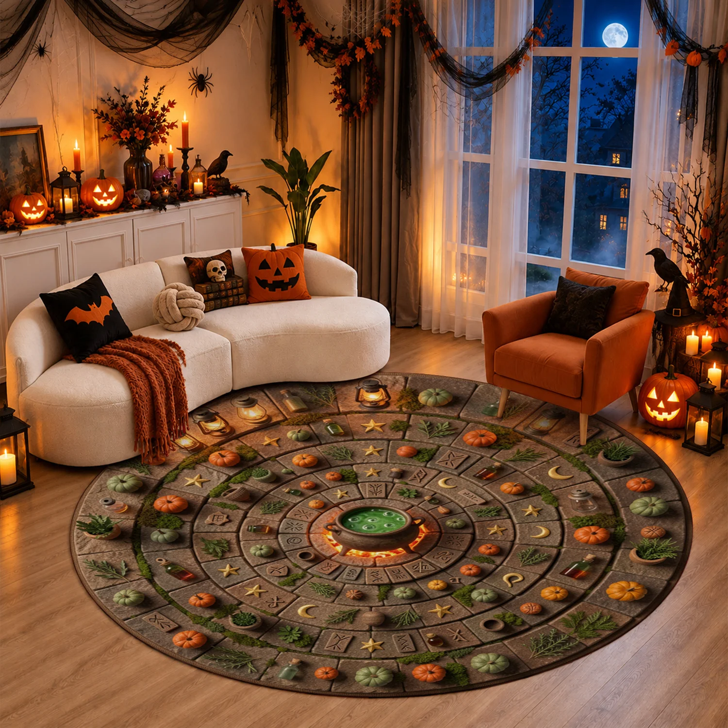 Magical Witchcraft Circle Pattern Round Velvet Decorative Mat Machine Washable for Living Room Dining Room Entryway Halloween Thanksgiving Black Friday Christmas New Year Home Decor