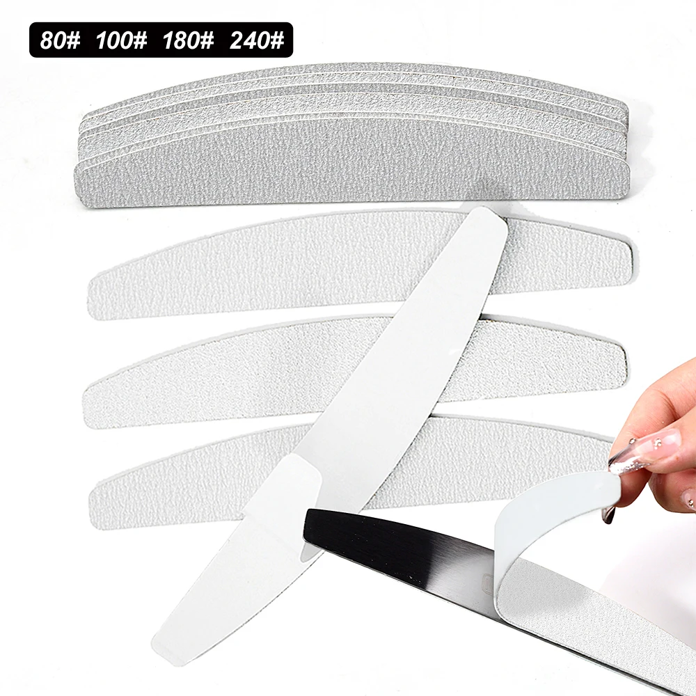 10 Pcs Half Moon Removable Sandpaper Nail File With Steel Handle 80/100/180/240 Metal Replacement Files Pads Disposable Manicure