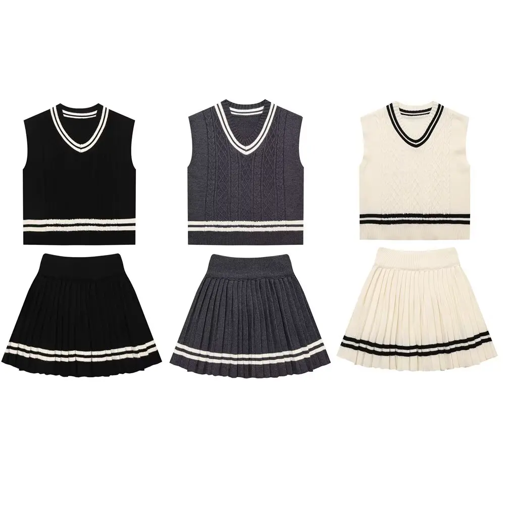 TRAFZA Female Chic 2-Piece Suit Sleeveless Contrast Crochet Collar Top+College Wind Elastic Waist Pleated Knit Mini Skirt Mujer