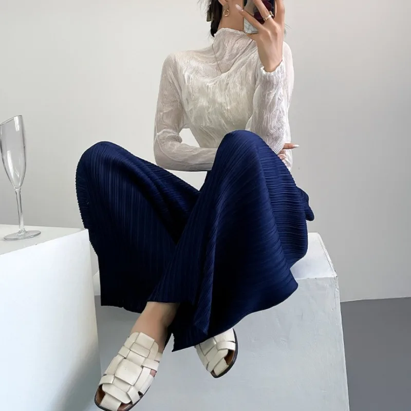 Miyake Pleated Korean Style Draped Pants 2026 New Elegant Loose Casual Women's Lightweight Stretch Nine-Point Straight Pants