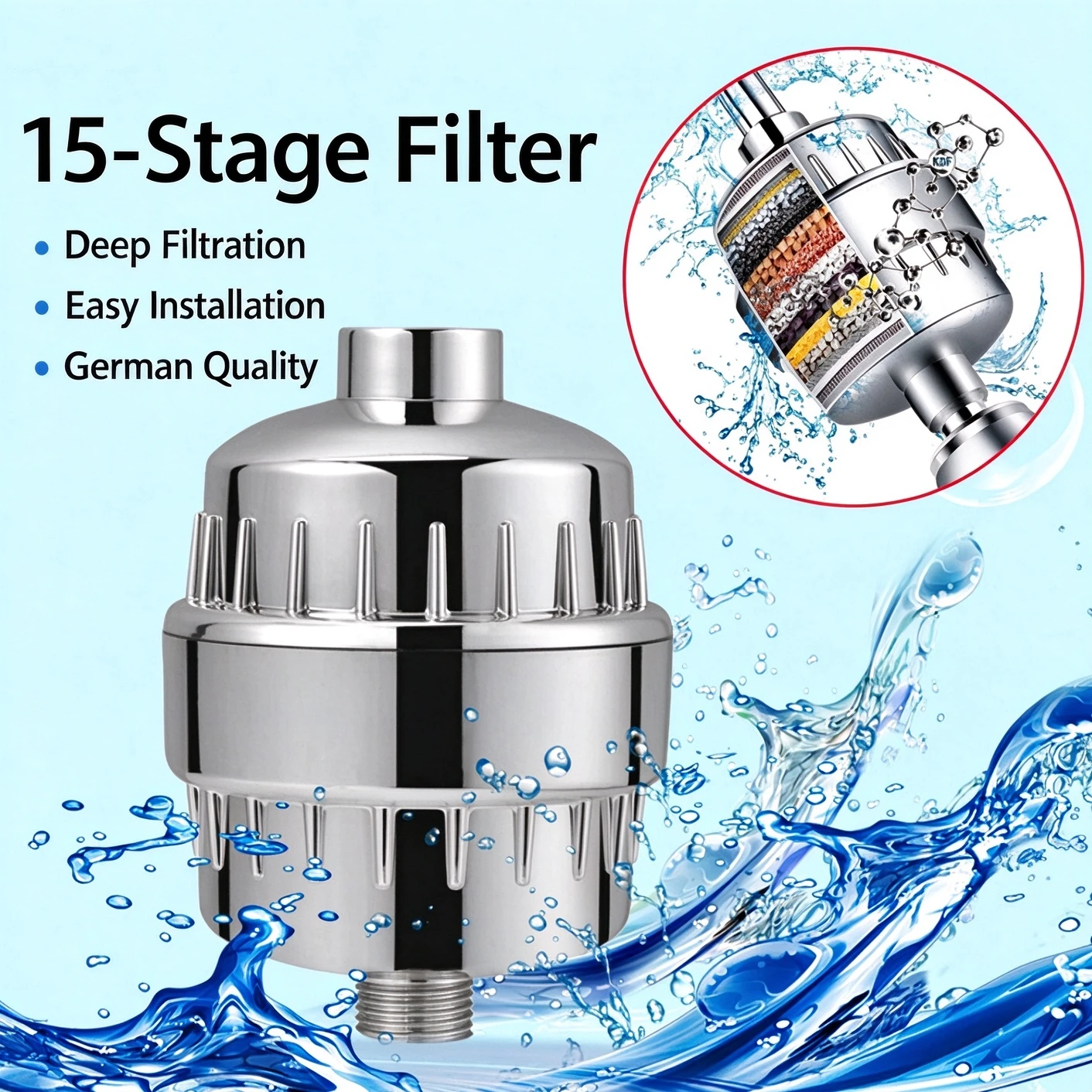 High Output 15 Stage Shower Water Filter Removes Chlorine Fluoride Heavy Metals Filters and Softens Hard Water for Shower Head