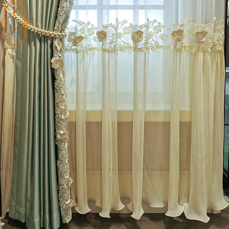 High-grade French Embroidered Lace Mint Green Glossy Curtains for Living Room Bedroom Dining Room Partition Curtain Balcony