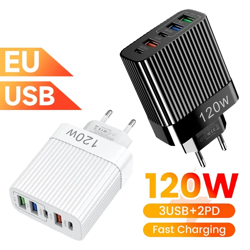 120W Super Fast Charger Head Ultra Charger 5port 3 Usb 2 Type C 10A Charger Quick High Speed Charging For Xiaomi Samsung