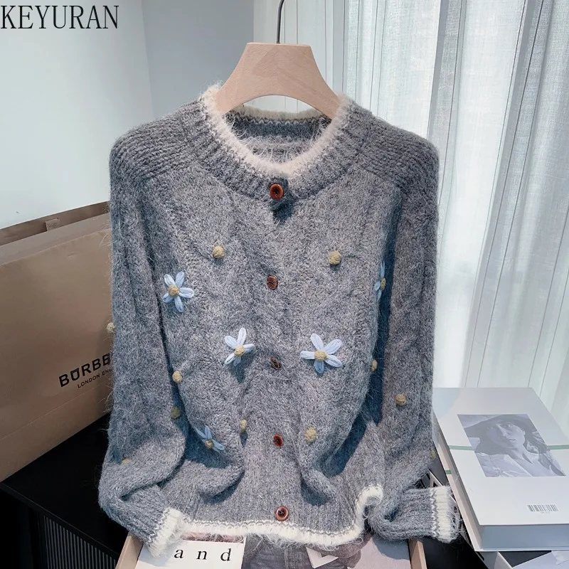 

Свитер с 3D цветочной вышивкой, пальто, женский осенне-зимний винтажный однобортный свободный вязаный кардиган с длинными рукавами, трикотажные топы