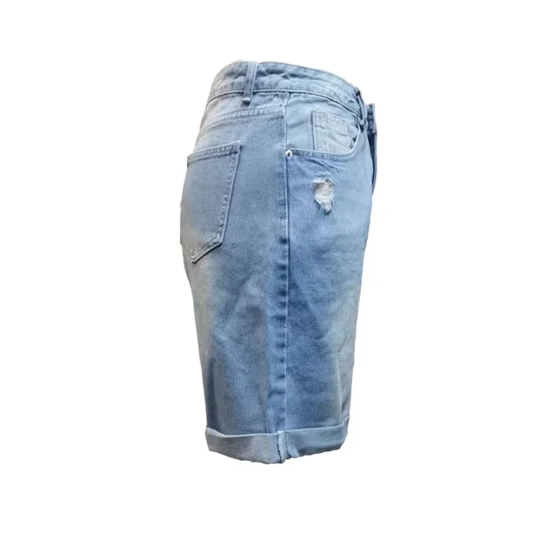Fashion Rolled Hems Denim Shorts Women Broken Holes High Waist Straight Mini Jeans Commuter Casual Female Three Quarter Pants 24