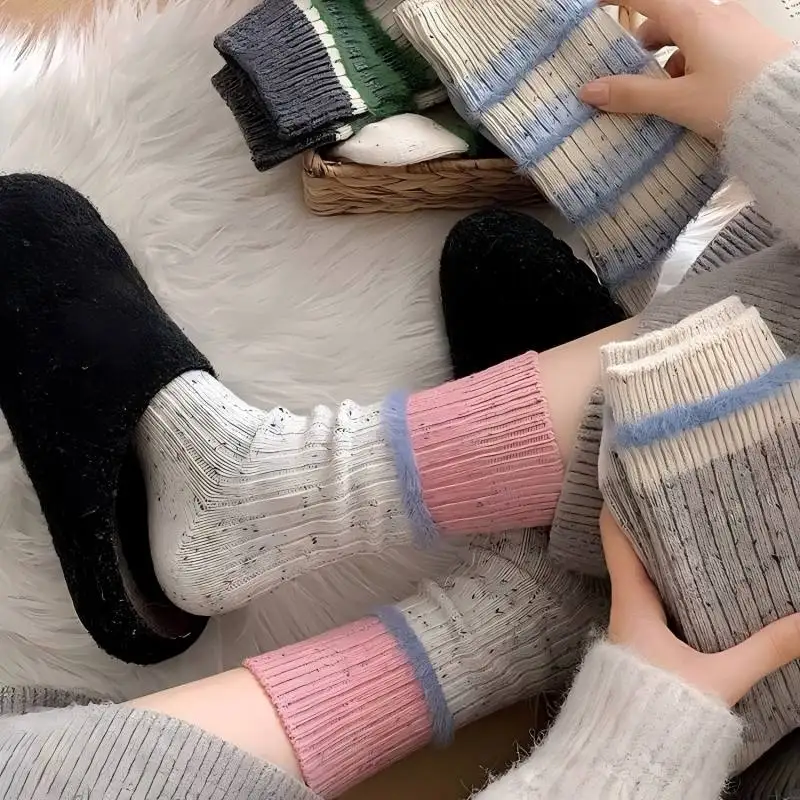 

3-pair thick wool padded chunky yarn color-block socks - classic mid-calf socks - fall/winter color-matched warm socks