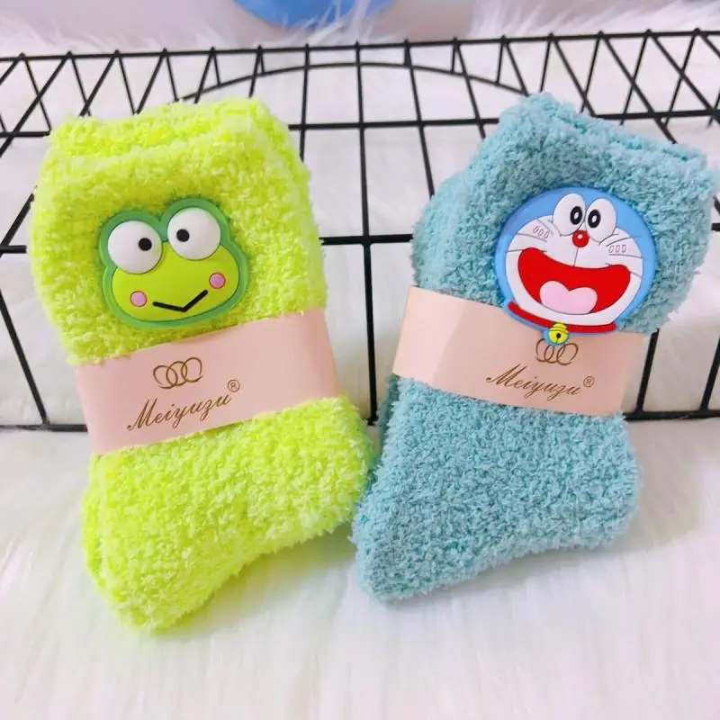 Kawaii Sanrioed Keroppi Sock Cartoon Girl jesień i zima koralowy polar skarpetki do spania skarpetki podłogowe Anime prezent na festiwal peryferyjny