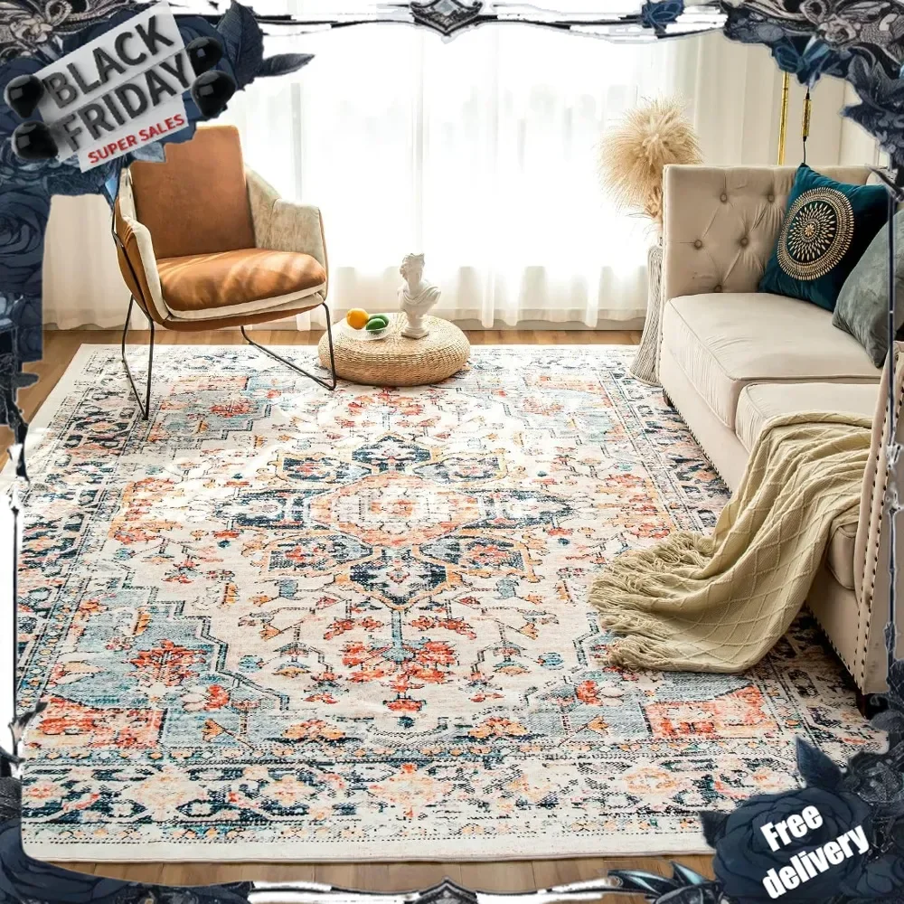 Machine Washable Rug 5'x7' Vintage Design Washable Area Rugs with Non Slip Rugs for Living Room Bedroom Traditional