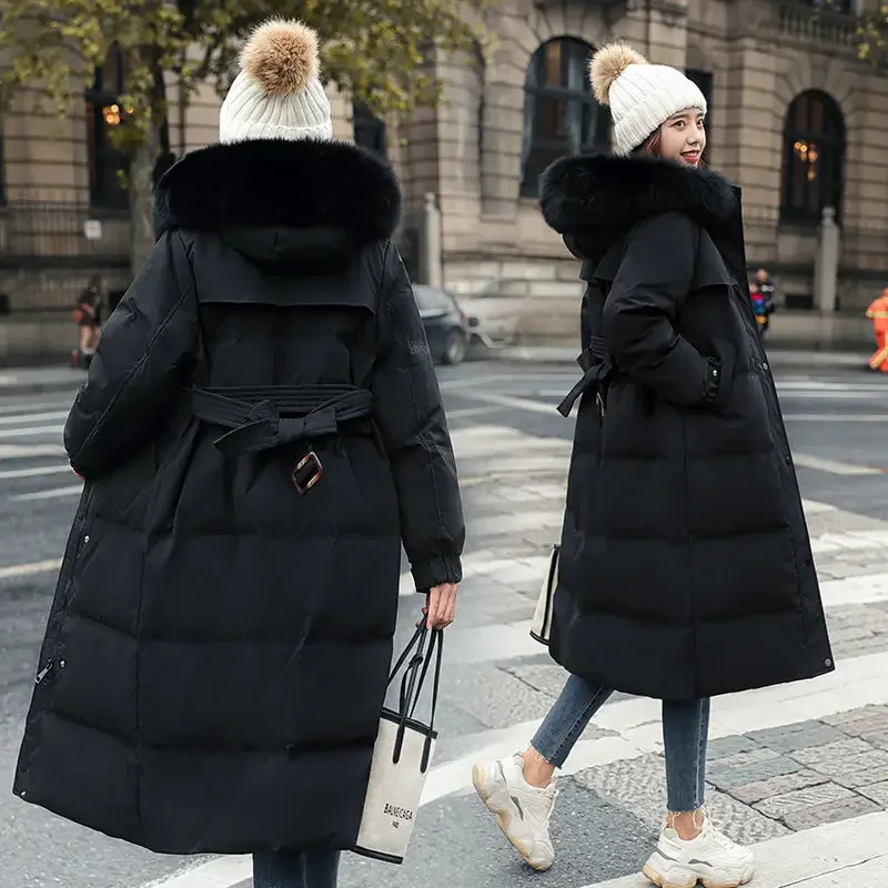 Women's 2024 Winter Fleece Collar White Duck Down Jacket for Mid Length Solid Color Waist Hooded Thick Warm Coat F329