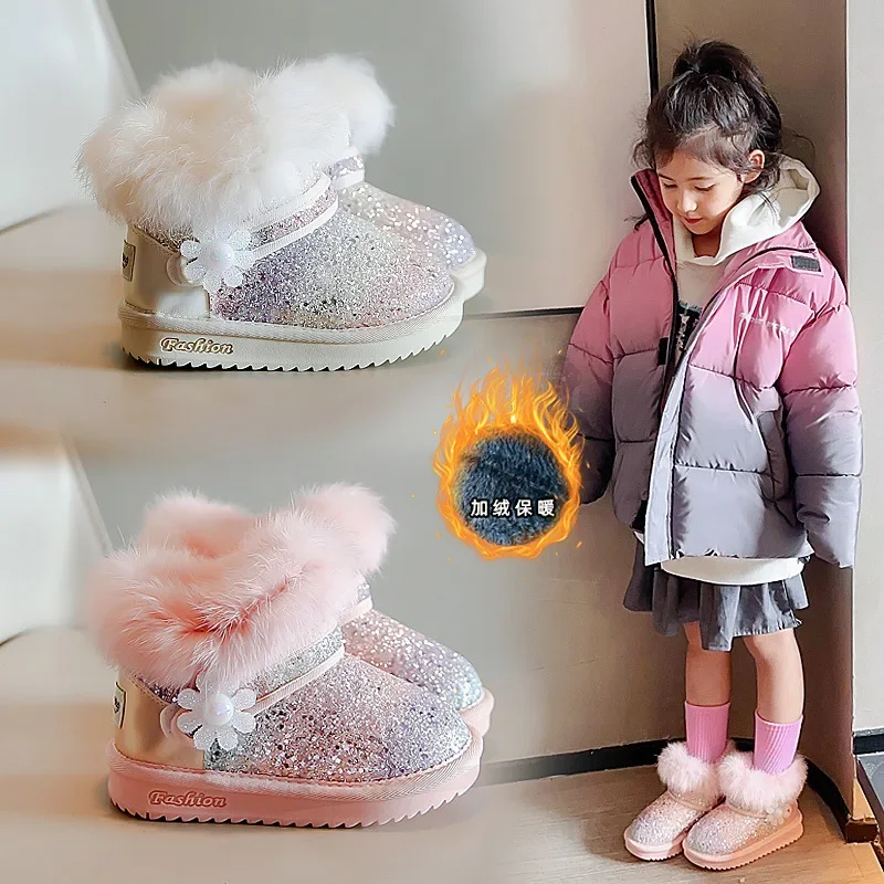 스노우부츠 Kid Snow Boots 2023 Winter Boot Plush Child Cotton Shoe Warm Ankle Boot Anti Slip Medium Large Children Shoes Padded Boots