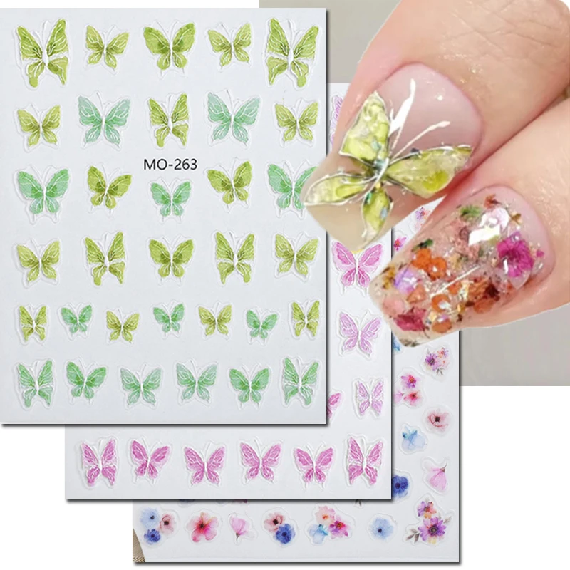 

5d Embossed Green Pink Purple Butterflys Blossom Flowers Nail Art Decals Stickers For Nails Art Manicures Tips Decorations