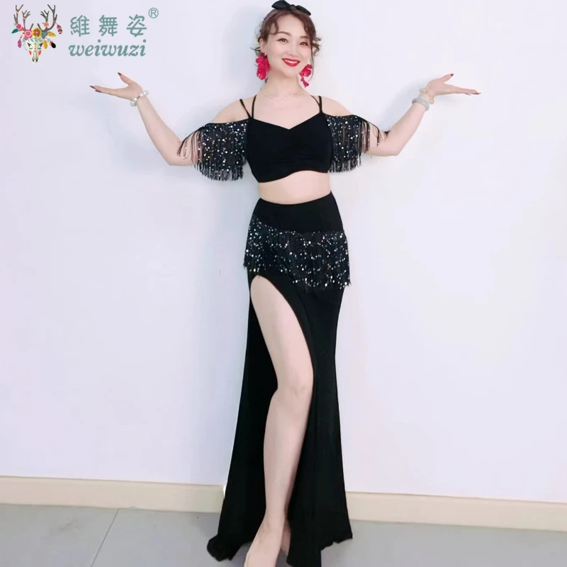 

Комплект для тренировок по восточным танцам для женщин: костюм для выступлений, взрослая одежда для тренировок по восточным танцам с пайетками и бахромой