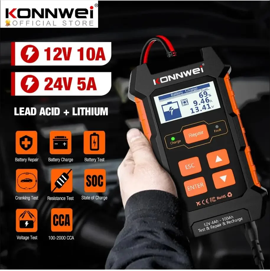 

KONNWEI KW520 12V 10A 24V 5A Automatic Car Truck Battery Tester Charger Lead Acid Car Battery Pulse Repair Tool AGM Gel Lithium