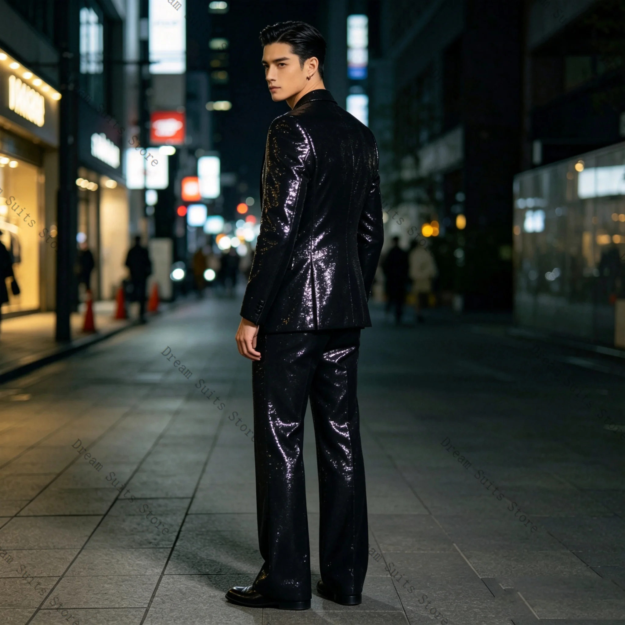 Glitter Shiny Luxury Men Suit Set 2 Pcs Blazer+Pants Trousers Customized Formal Office Jacket Wedding Tuxedos Prom Coat