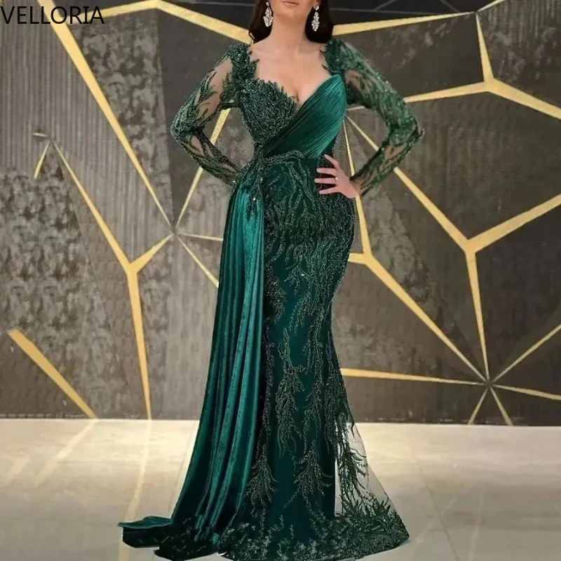 

Green Evening Dress Sweetheart Neck Lace Sequins Prom Gown Saudi Arabia Robe De Soiree Party Dress Vestdos De Fiesta Customized