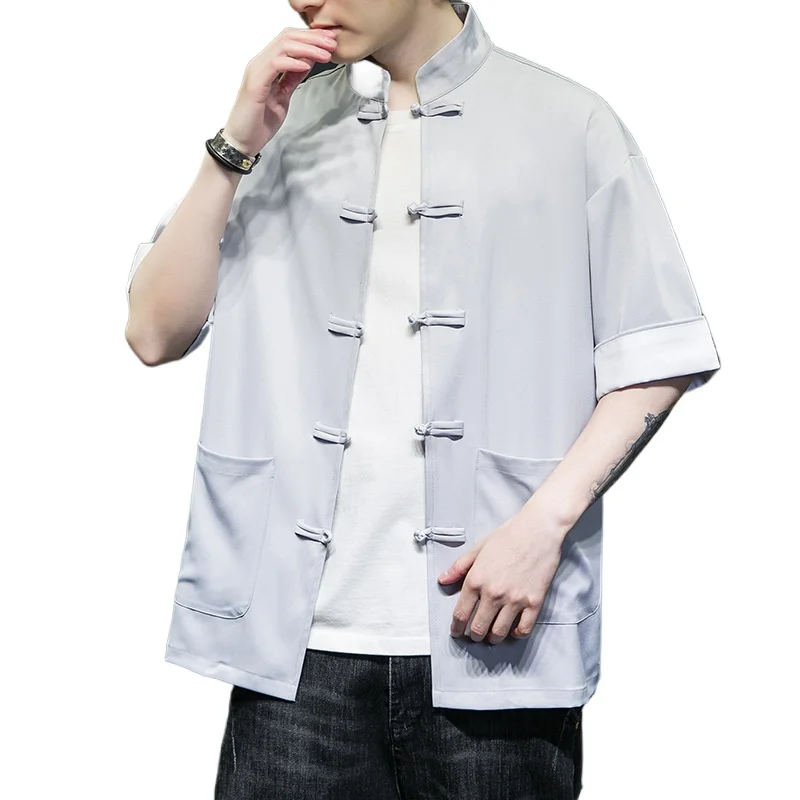 

Summer Chinese Style Men's Retro Button-up Stand-up Collar Tang Suit Large Size Loose Short-sleeved Shirt