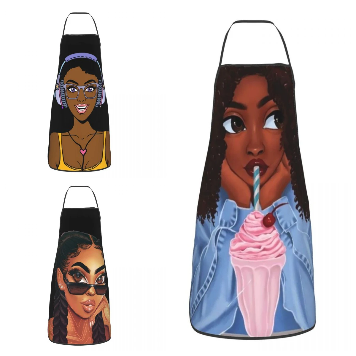 Unisex Pretty Afro Girl Bib Apron Adult Women Men Chef Tablier Cuisine for Kitchen Cooking African American Gardening