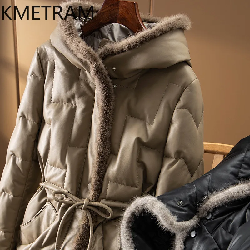 Piumino in pelle di pecora al 100% da donna Piumini lunghi in vera pelle di alta qualità con cappuccio Abiti invernali 2025 Пухоiyahaк Ж Salah