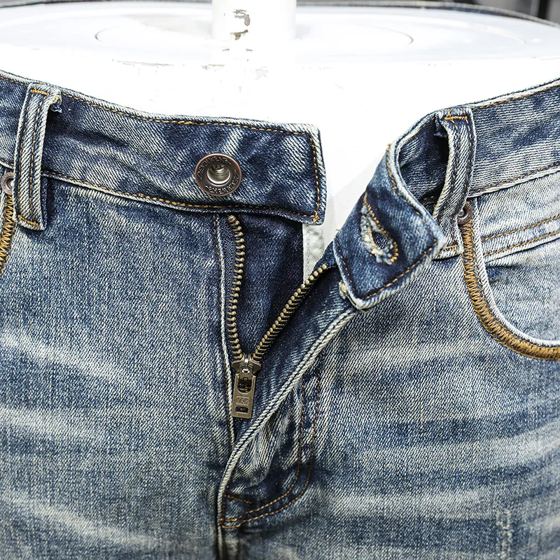 Fashion Designer Men Jeans High Quality Retro Washed Blue Stretch Slim Fit Ripped Jeans Men Vintage Denim Pants Trendy Trousers