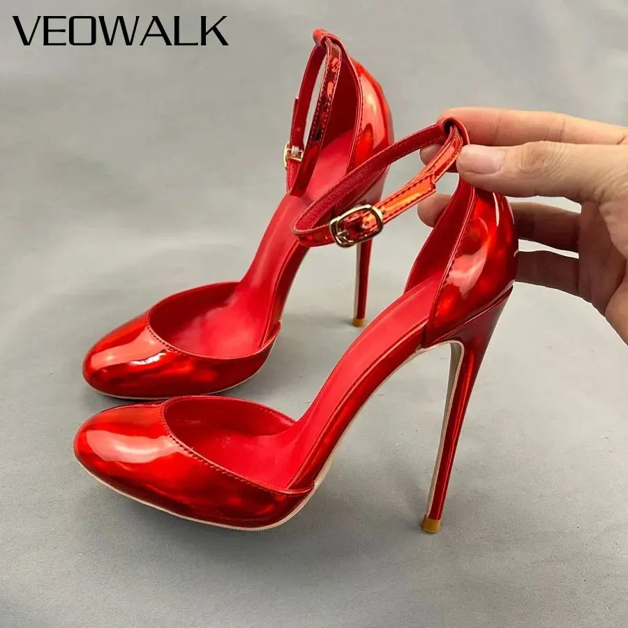 

Tikicup Women's Bright Red Patent Leather Stiletto Heels Shine Roune Toe Ankle Strap Pumps or Evening Parties,Weddings,Events