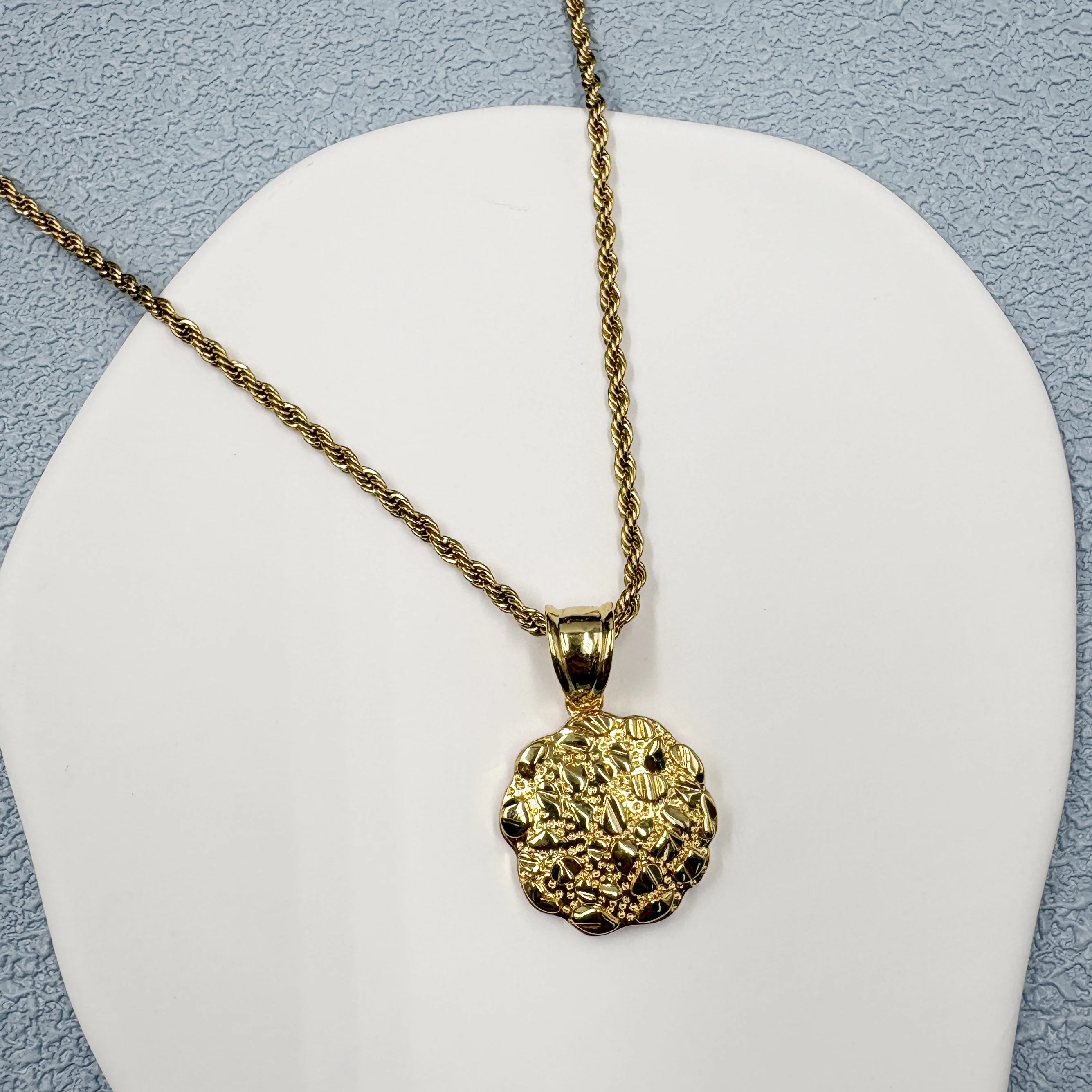 14K Gold Plated Nugget Coin Pendant Necklace, 20 Inch Stainless Steel Rope Chain, Hip Hop Streetwear Bling Jewelry for Men Women
