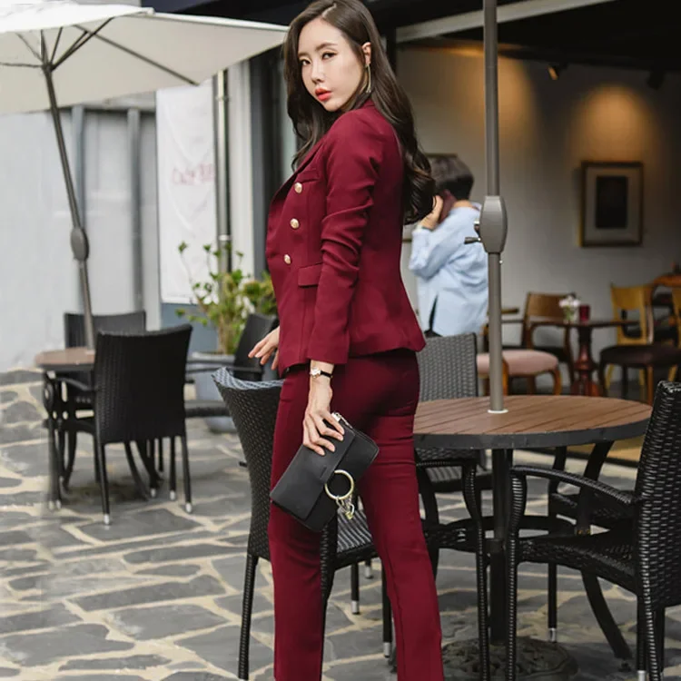 Sexy wine red slim style women\'s trousers slim body suit waist double-breasted jacket and pencil pants OL professional women\'s