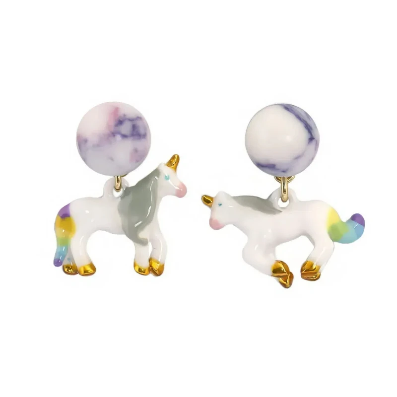 

Fashion Cute Fantasy Unicorn Hand-painted Enamel Purple Natural Stone Beads Stud Earrings Christmas Earrings Clip Gift for Girls