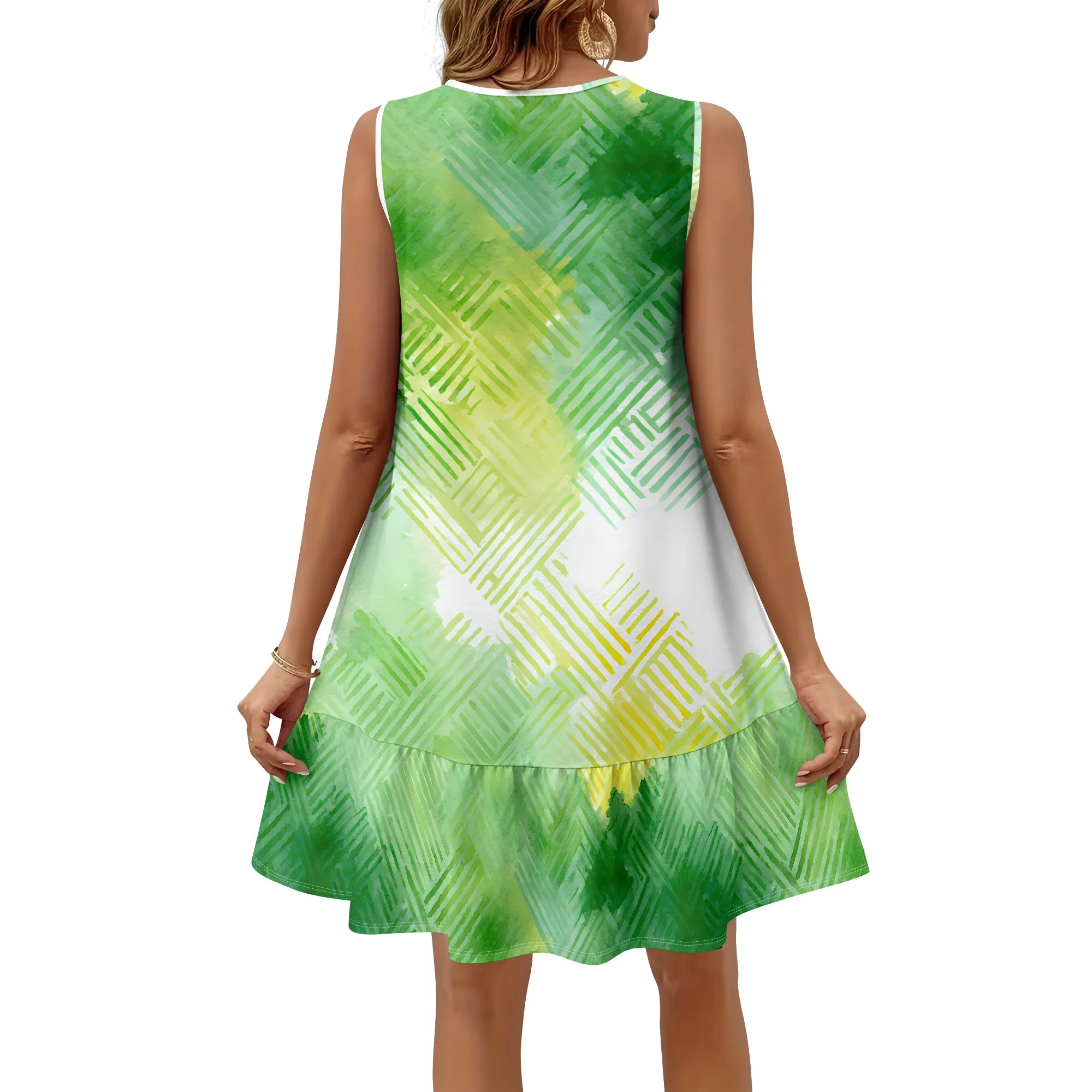 Green Abstract Print Dress, Sleeveless Summer Shift Dress, Geometric Pattern Sundress, Casual Beach Vacation Wear, S-2XL
