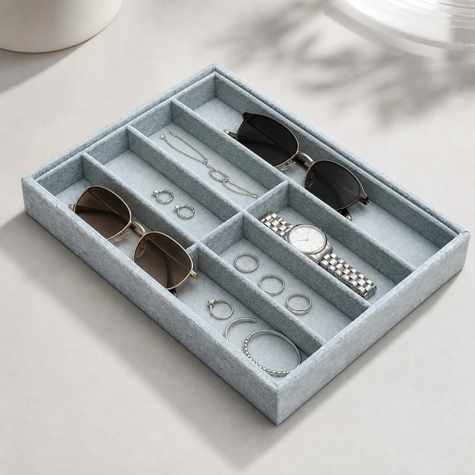 Flocked Eyeglass Holder Tray with Dividers for Sunglasses Storage Organizer Box for Drawer Shelf