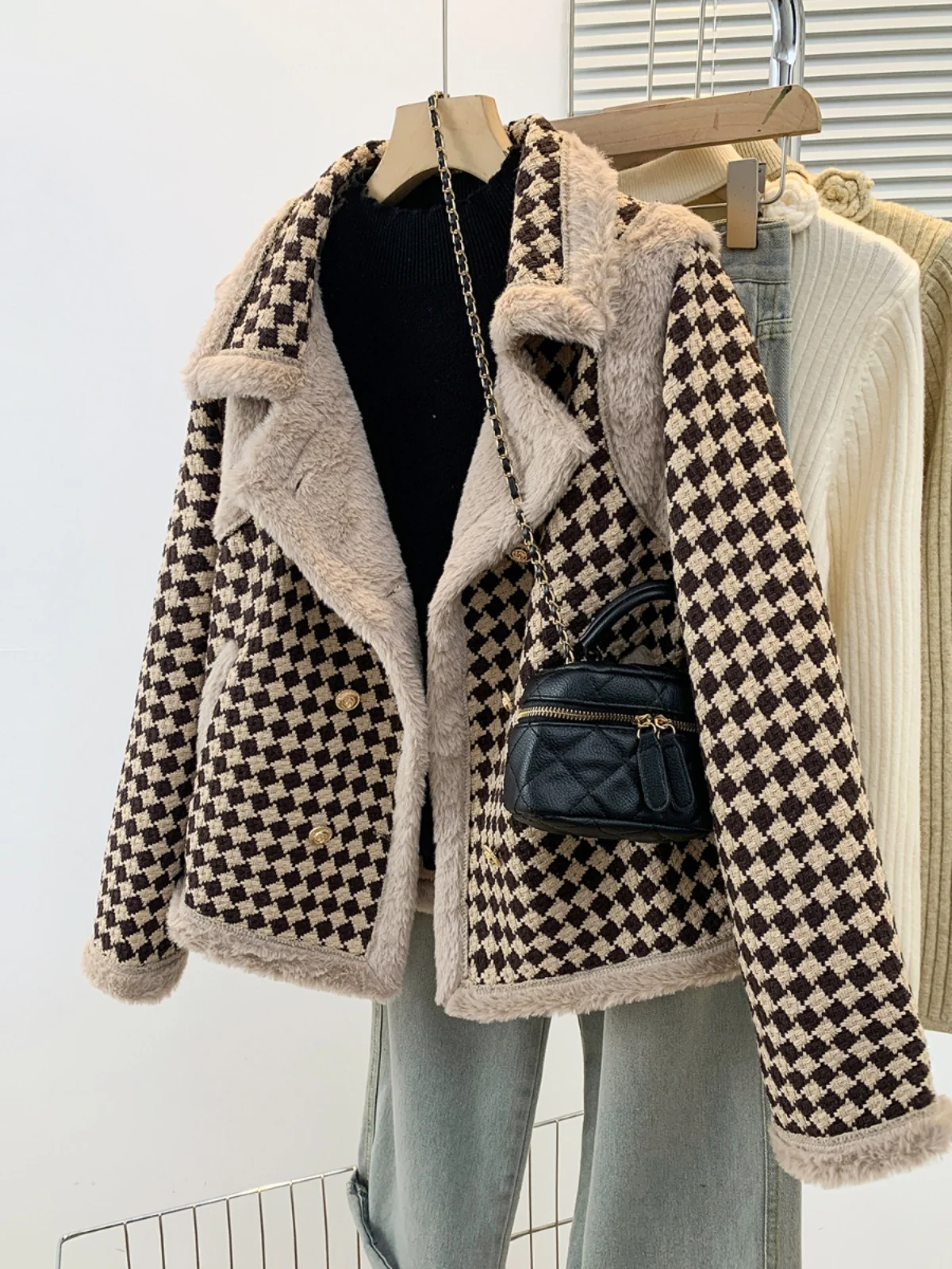 

Retro Plaid Woolen Coat Women's Thiened Fce Lined Warm Jaet Top for Winter Commute Sle Button Splicing Long Sve