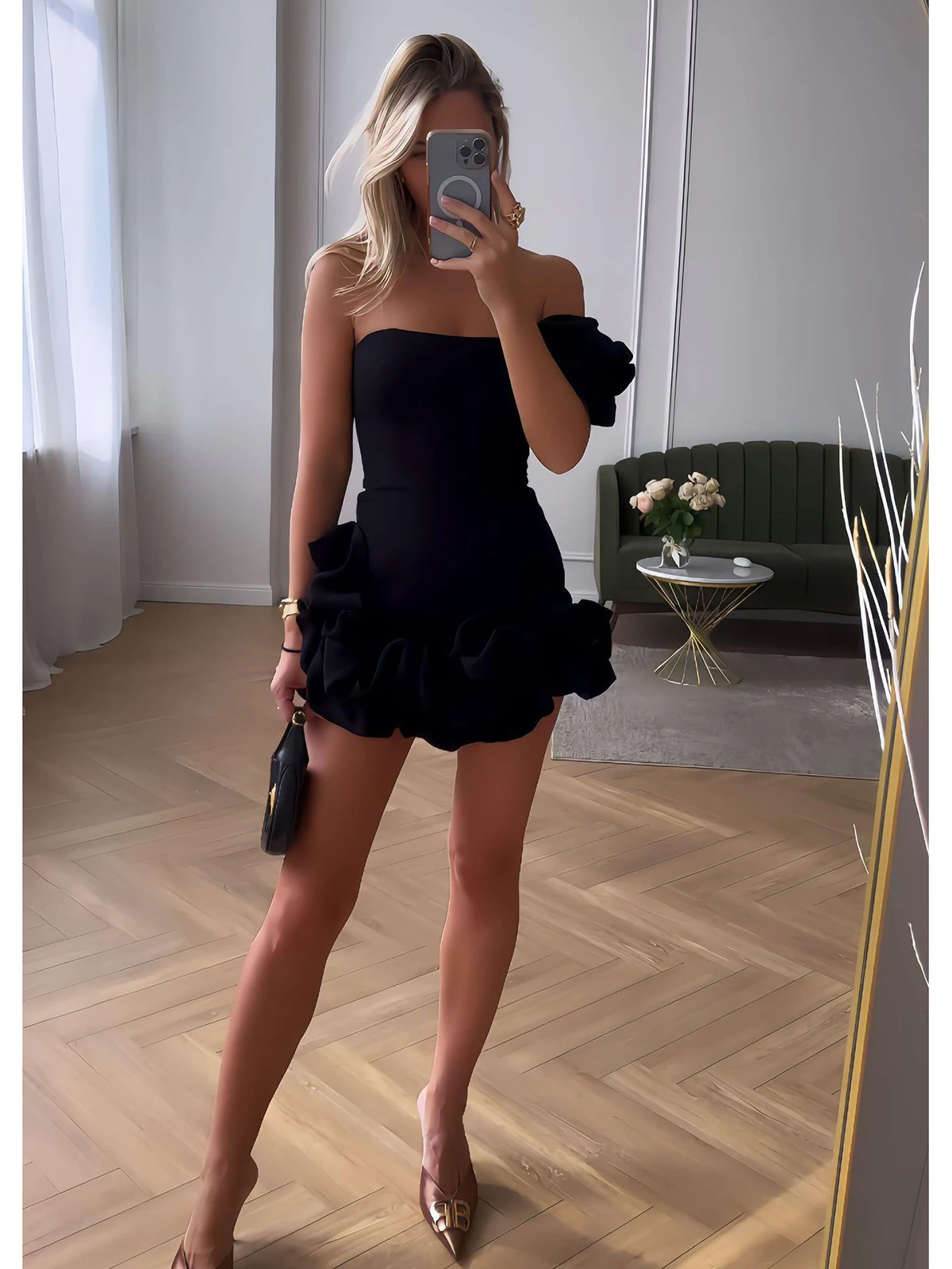 Damen Sommer One Shoulder Rückenfreies Minikleid Elegantes Rüschensaum Kurzes Sommerkleid Urlaub Dame Abend Party Formelles Kleid