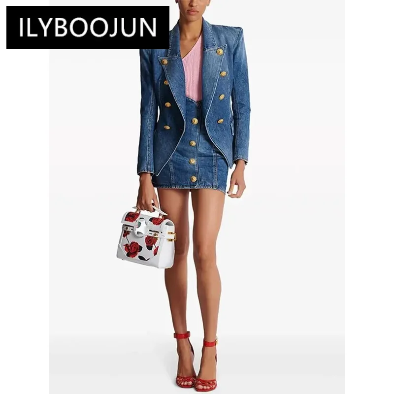 

2024 Designer Runway Blazer Women's Slim Fitting Double Breasted Lion Buttons Denim Jacket Mini Skirt Luxury Brand High Quality