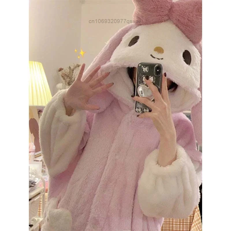 Sanrio My Melody Winter Warm Plush Pajamas Y2k Korean Kawaii Style Sweet Robe Night Wear Student Soft Causal Nightgown For Women