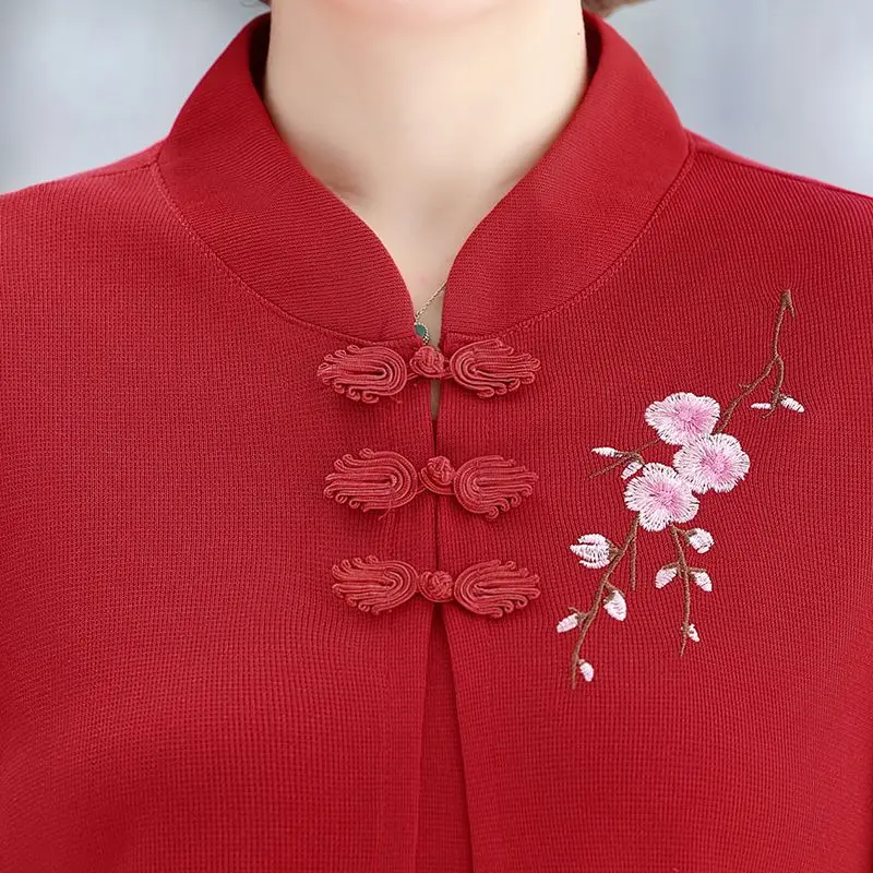 New Women\'s Spring Autumn Fashion Chic Stand Collar Embroidery Spliced Fake Two Pieces Elegant Loose Casual Long Sleeve Tops
