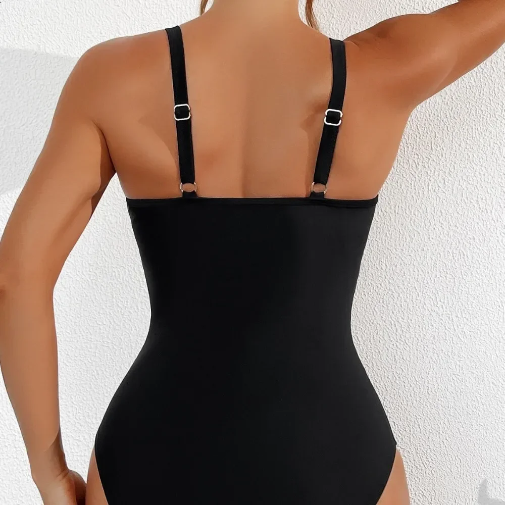 Maiô de uma peça para mulheres, cor sólida, profundo pescoço em v, sutiã removível, monokini simples, roupas de praia, verão, novo, 2024