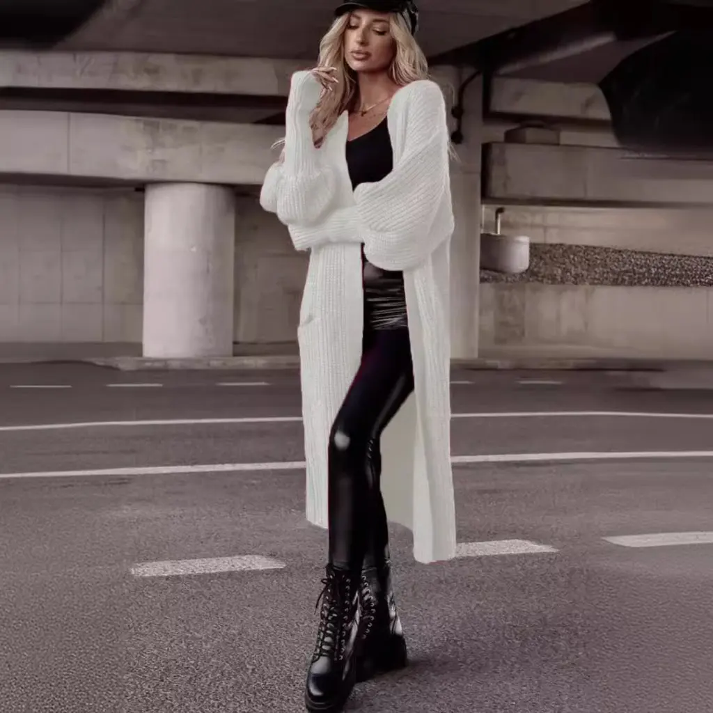 

Women's V-neck Long Cardigan Sweater Loose Lantern Sleeve plus Size European American Style Autumn Winter Fashion Outerwear
