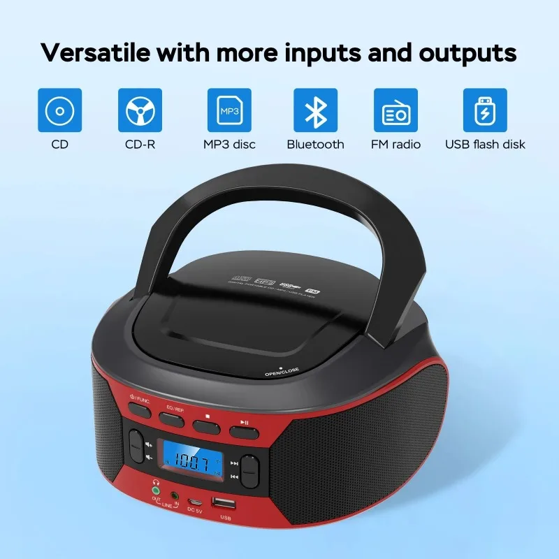 Portable CD player, Bluetooth speaker, FM radio, MP3 USB player, CD audio, AUX USB sound, learning music