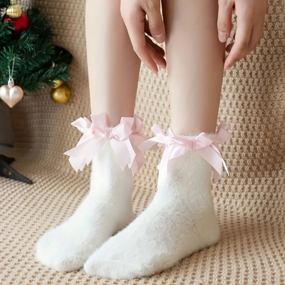 Cute Coral Velvet Cat Paw Plush Socks Paw Pads Cold-proof 3D Cat Paw Socks Kitten Claw Sleep Sock Bowknot Warm Socks JK
