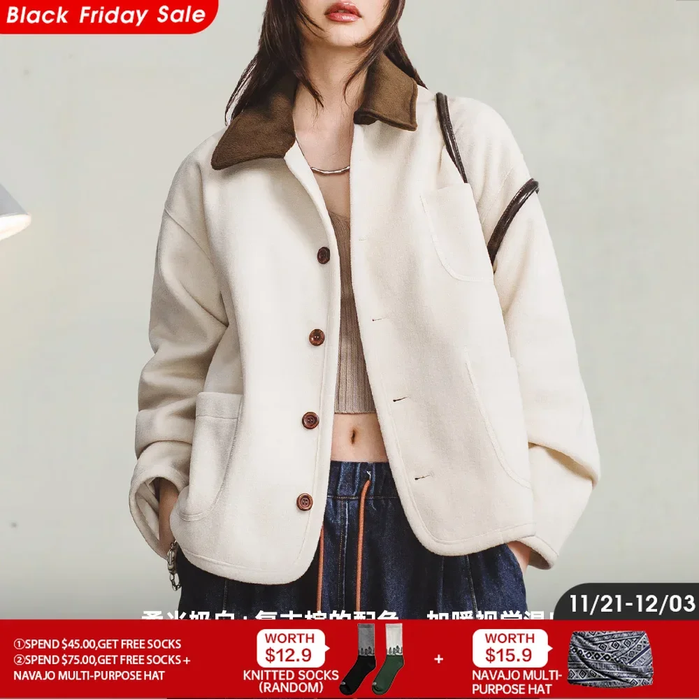 Maden Retro White Lapel Woolen Coat Casual Short Overcoat Versatile Single-breasted Outerwear for Women's Fall and Winter Jacket