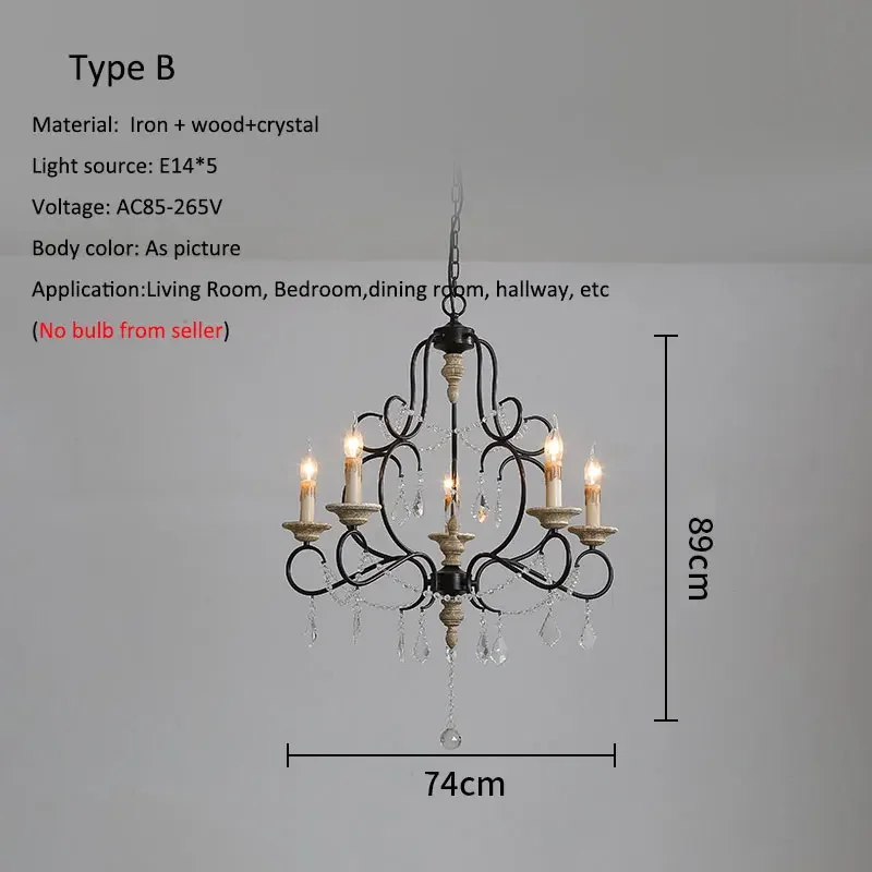 American Countryside Solid Wood Antique Iron Chandelier Living Room Dining Room Crystal Pendent