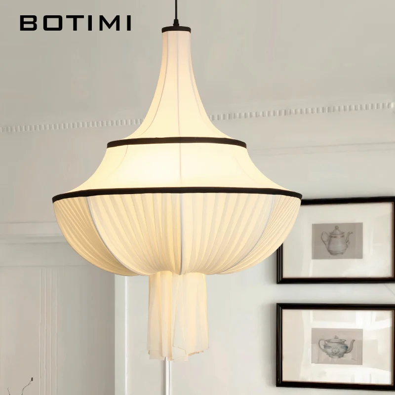 BOTIMI French Style Cloth Chandelier For Living Room Modern White Fabric Satin Chandeliers 50CM 60CM 80CM Bedroom Hanging Light