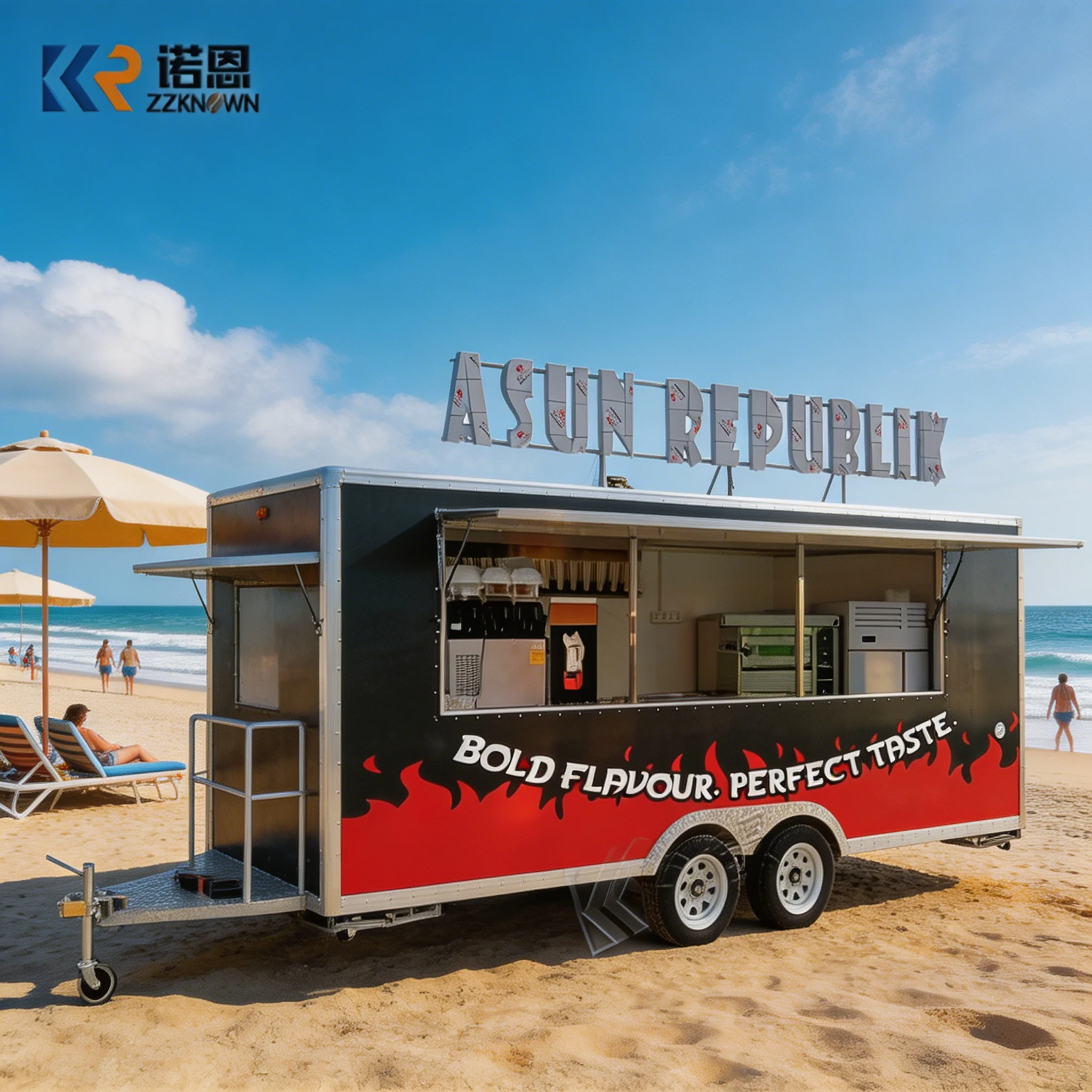 

Outdoor Food Trailer Main Body Cream White Oversized Serving Window Trailer Hitch Support Legs for Catering Business