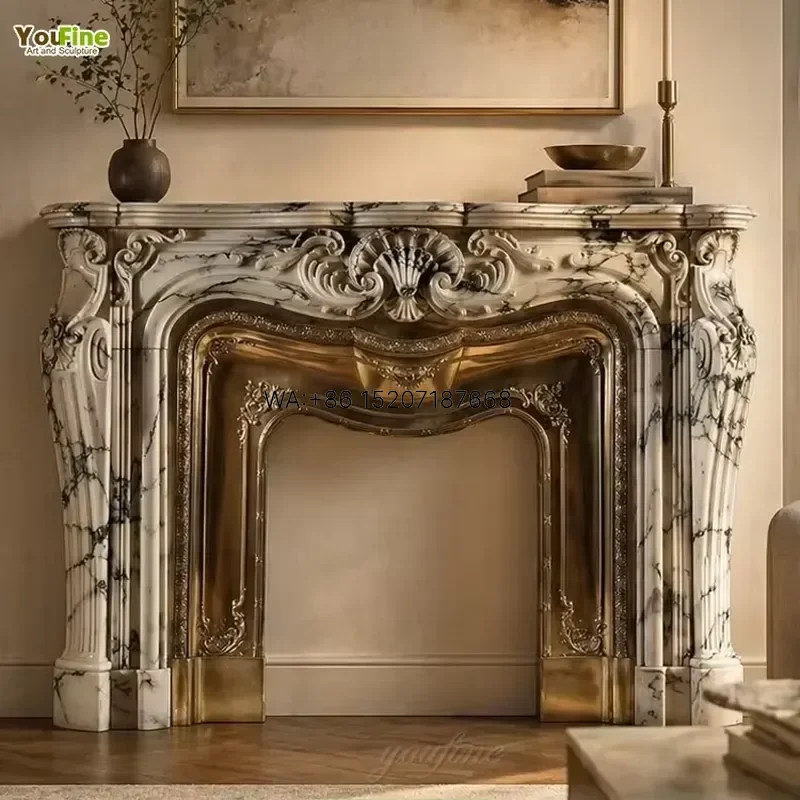 Wmwmnu for YouFine European Marble Fireplace Surround Hand Carved Baroque Mantel with Golden Insert for Villa Decoration