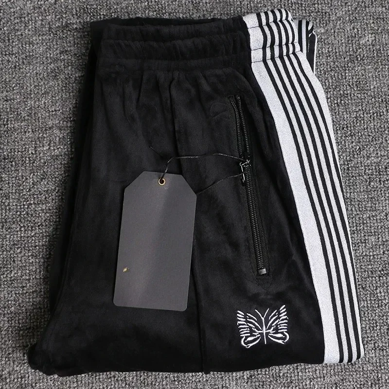 2025 Casual AWGE Striped Velvet Pants Best Quality Sweatpants For Men Women Butterfly Embroidery Black Trousers